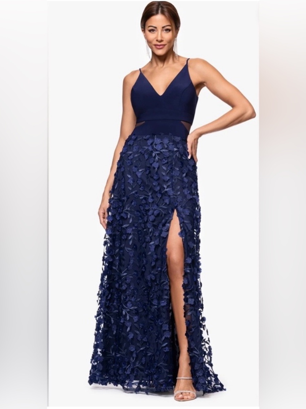 Xscape Navy Jersey Knit V-neck Maxi with Floral Appliqué 12